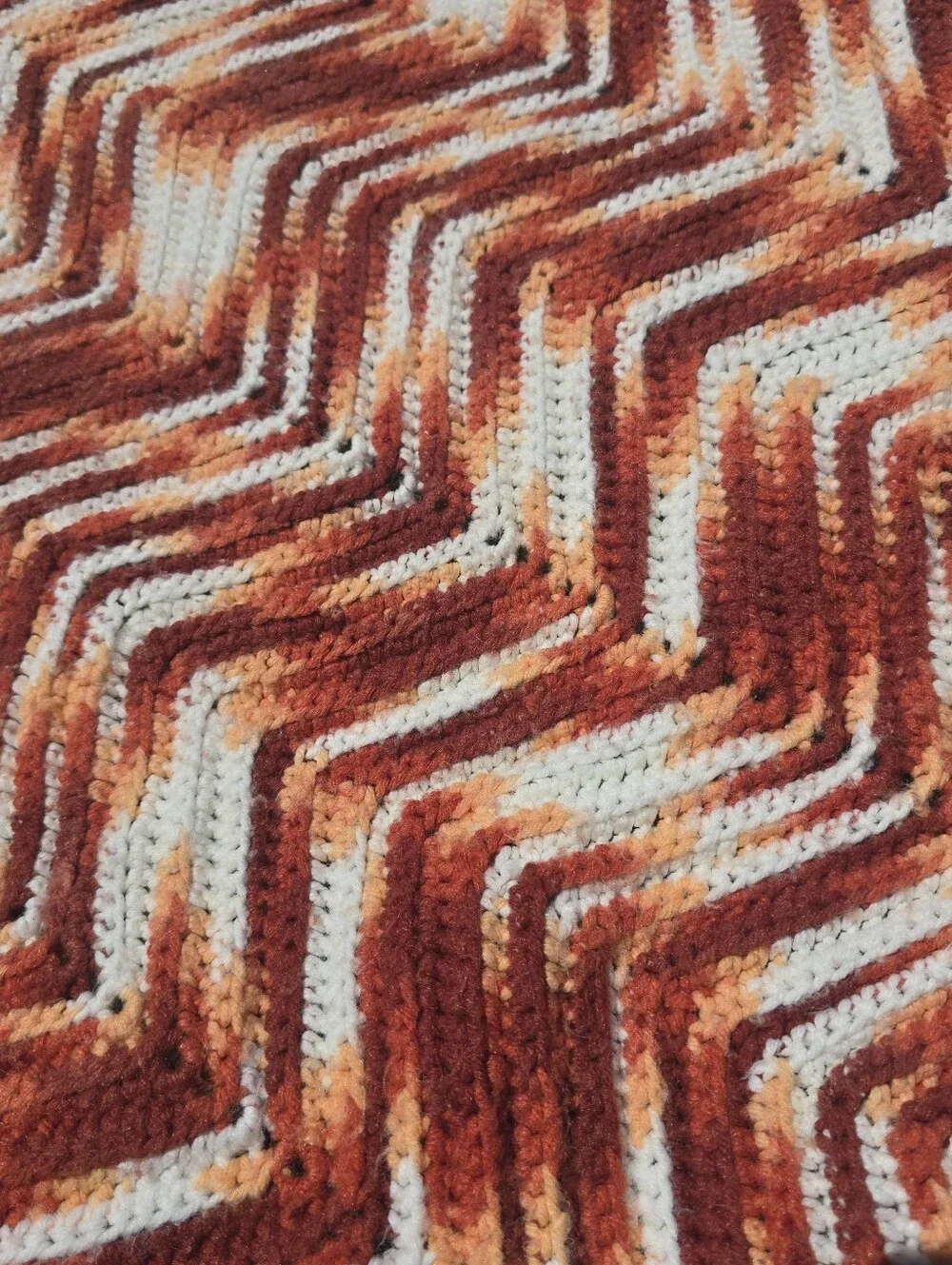 Vtg Handmade Afghan Crochet Earth Colors Zig Zag Chevron Blanket Throw 54x82